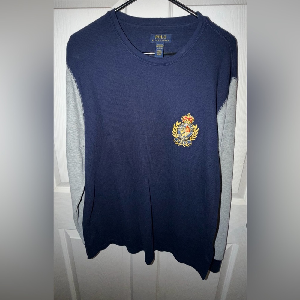 Polo by Ralph Lauren Navy Crewneck with Gray Sleeves and Embroidered Crest